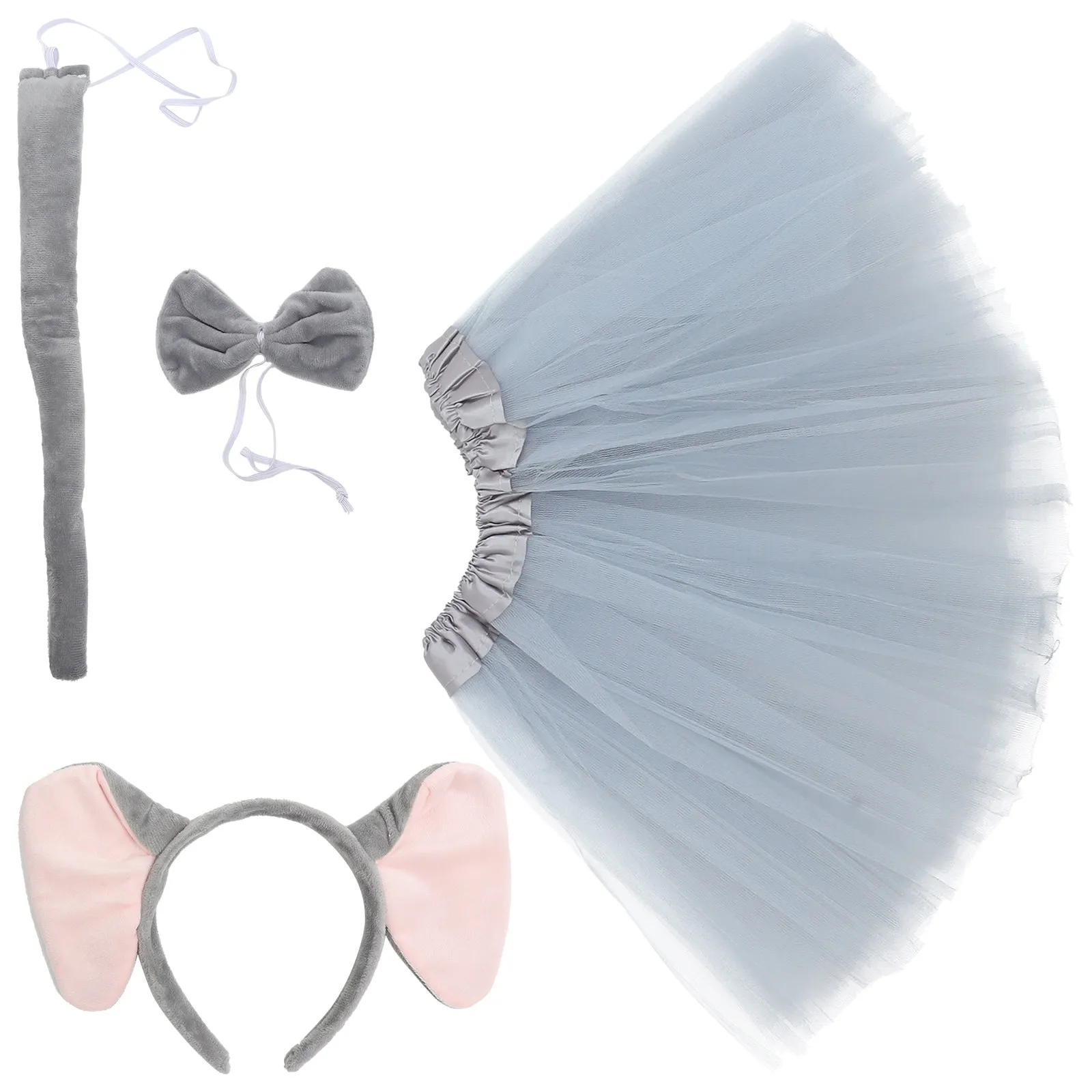 

1Set Elephant Ear Headband with Tail Bowtie Tutu Skirt Cute Animal Costume Accessories for Women Halloween Party Cosplay