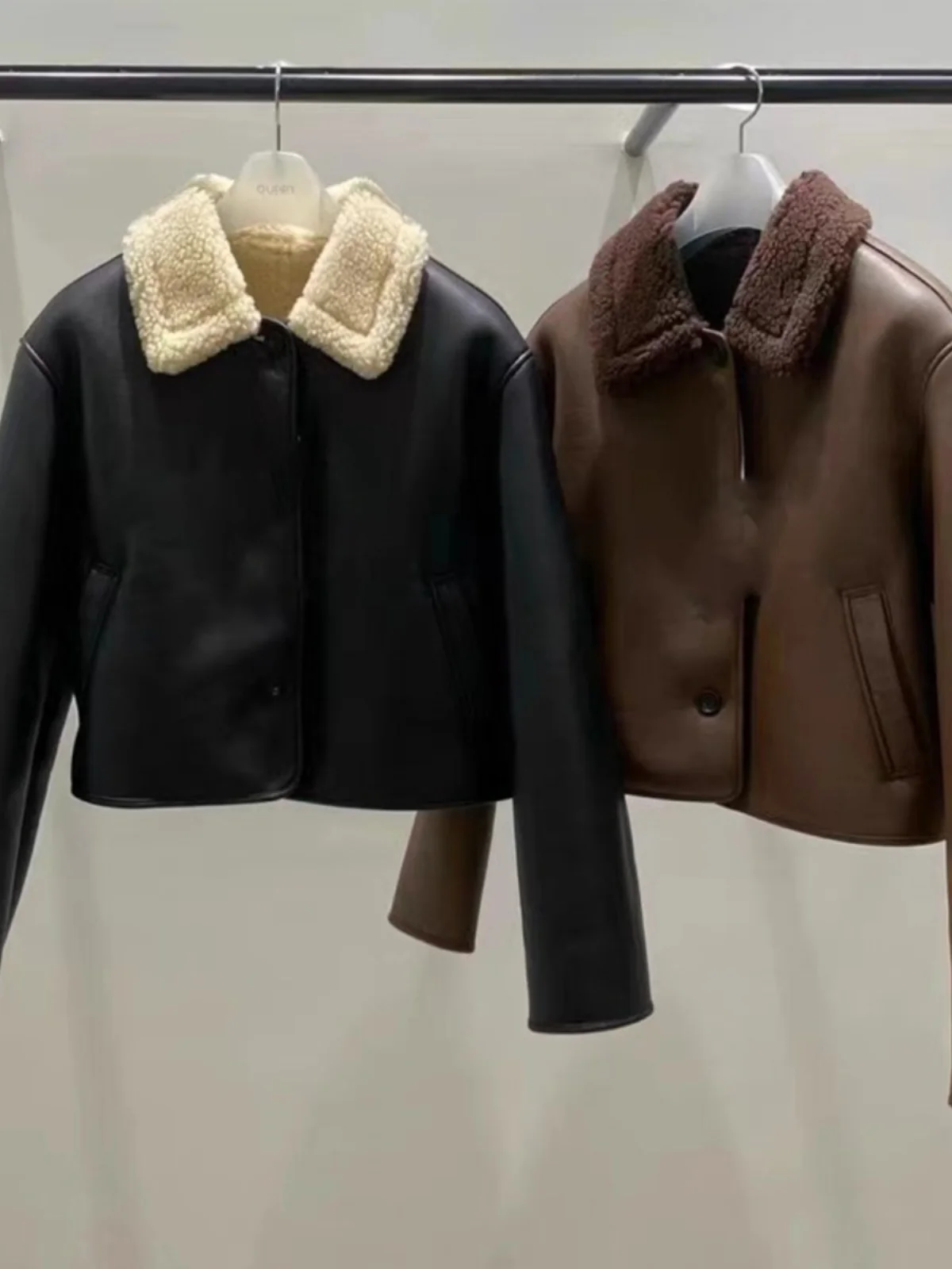 Chic ort Leather And Fur Jaet Women's Sli Vintage Hong Kong Sle Outerwear Trendy Top PU Leather Long Sve