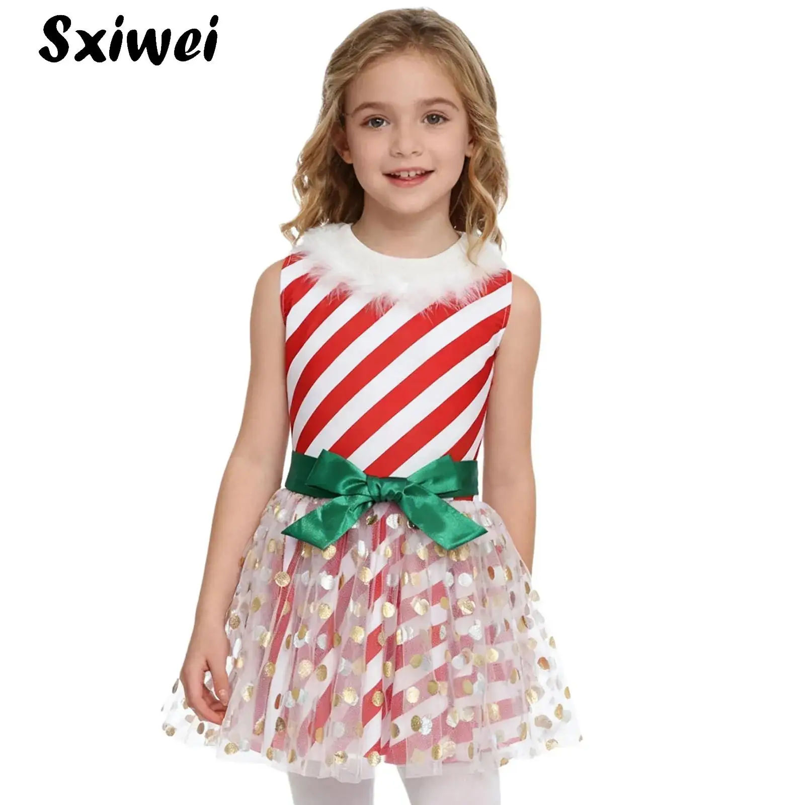 Christmas Ballet Tutu Dance Dress for Girls Candy Cane Elf Santa Claus Costume Artistic Figure Skating Twirling Leotard Dress