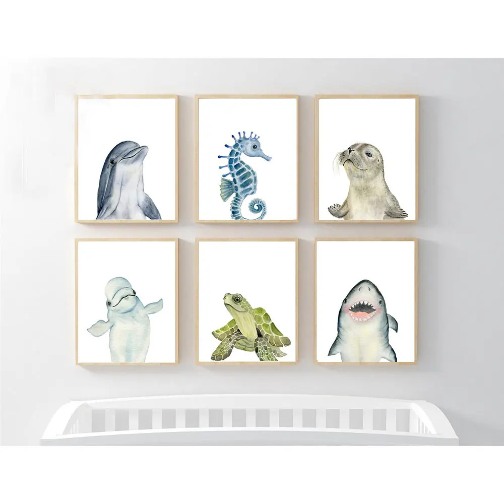 Set of 6 Ocean Nursery Painting Canvas Sea Gender Prints Painting Baby Seal Art On The Wall Animal Picture Poster for Room Decor