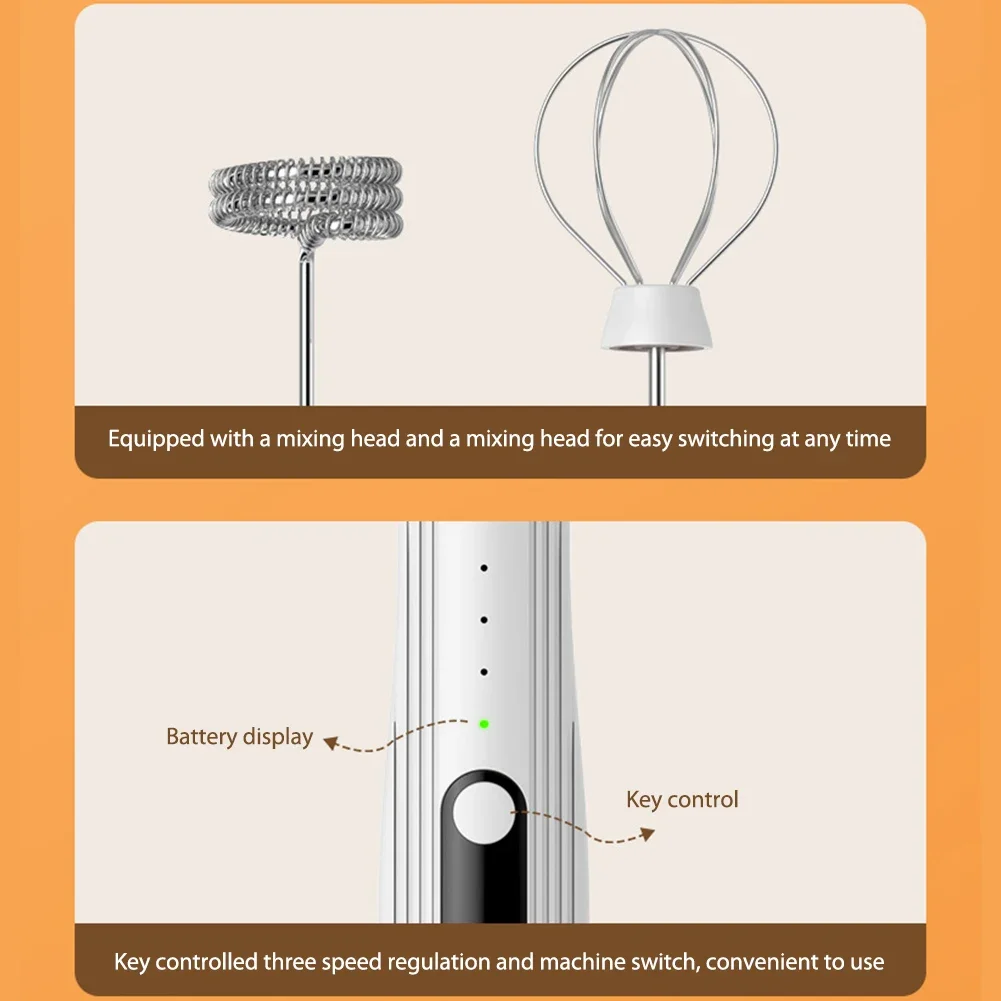 전기 계란 비터 TYPE-C/믹싱 헤드가 있는 1500mAh 미니 폼 믹서 라떼/카푸치노/핫 초콜릿용 USB 충전식 무선