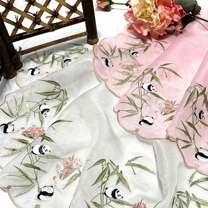 Chinese Style Fabric Embroidered Panda Bamboo Cherry Blossoms Lace Fabric for DIY Hanfu Clothing Decoration Accessory Width 45cm