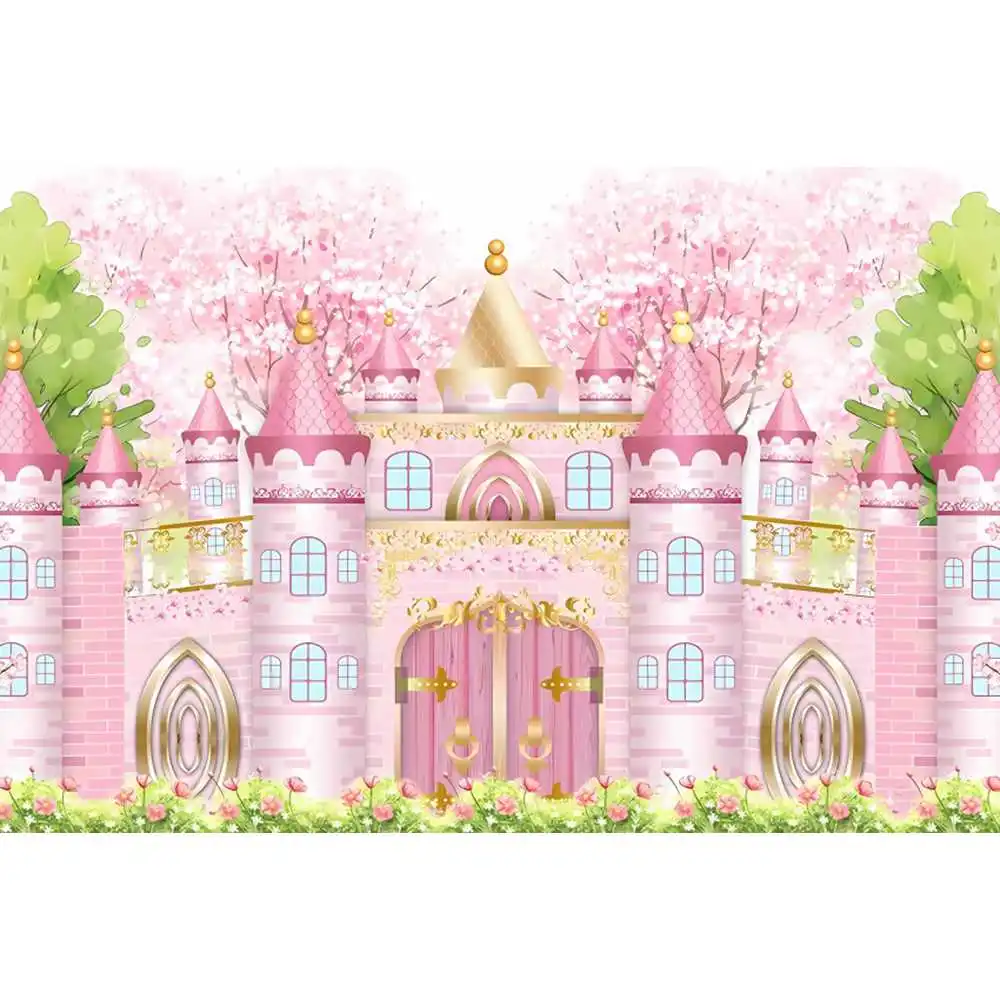 Spring Castle Floral Sea Photography Backdrop Wonderland Park Pink Castle Flower Princess Baby Birthday Wedding Photo Background