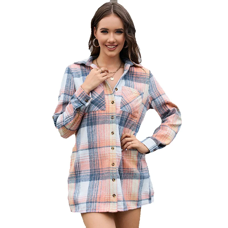 

Autumn New Checker Printed Shirt Skirt For Women Loose Casual Side Split Dress