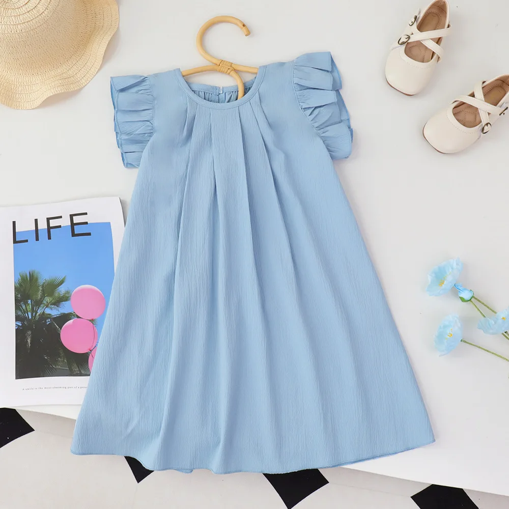 Children Summer Girl Cute Dress Fashion Round Neck Ruffles Natural Comfortable Casual Flowing Lace Fashionable Lovely Sweet Girl