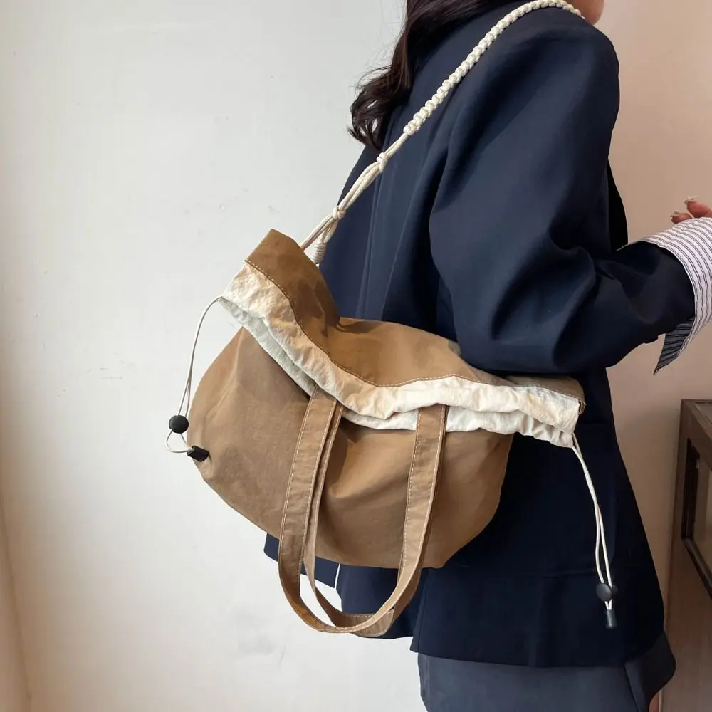 

Korean Style Drawstring Tote Bag Nylon Lightweight Large Capacity Tote Bag Waterproof Casual Women Shoulder Bag Ladies/Girls