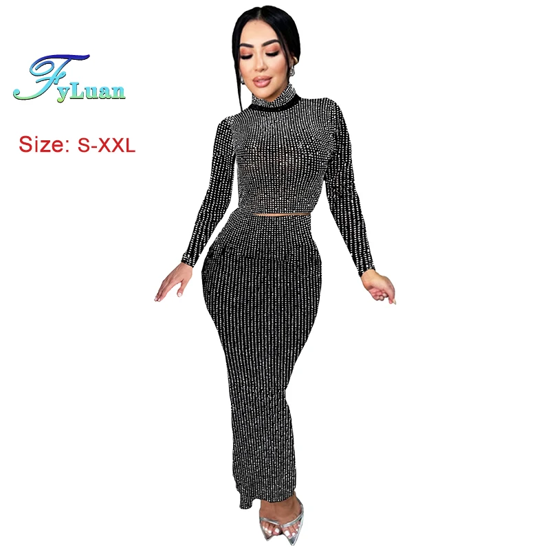 

High Quality Women O Neck Long Sleeve Outfits Crop Top Rhinestones Decor Rear Slits SkirtBirthday Outfit Nightclub Two Piece Set