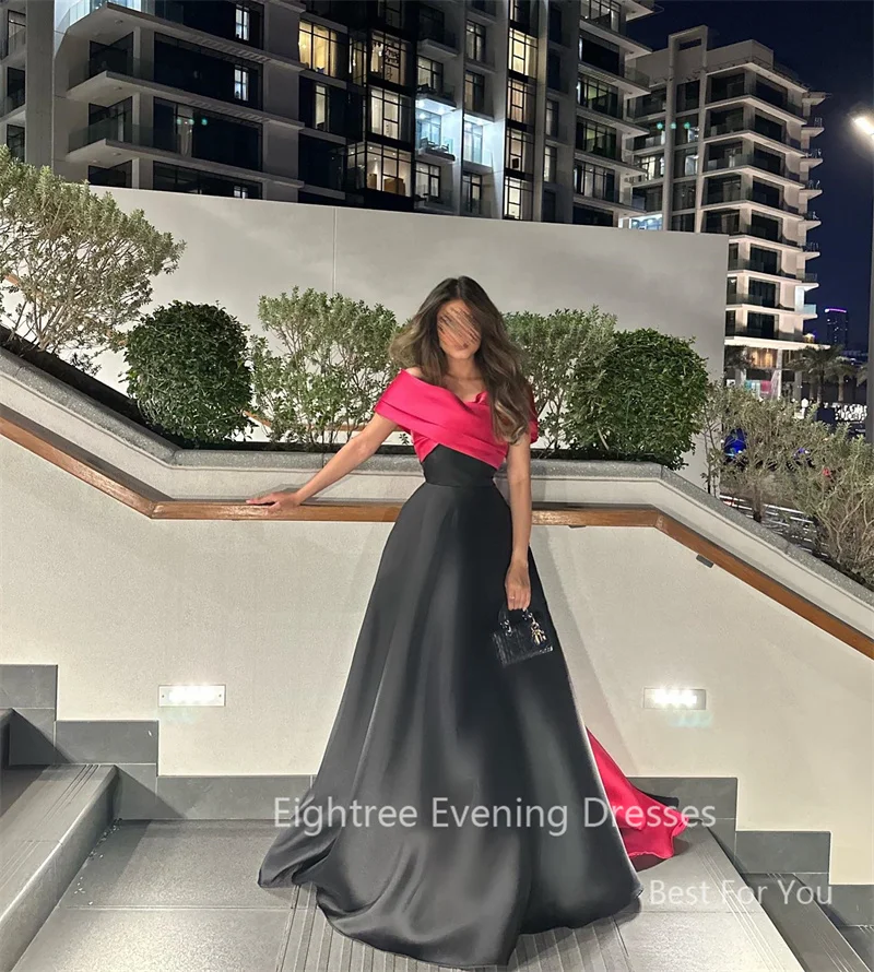 Eightree Black/Pink Arabic A Line Prom Dresses Off Shoulder Evening Party Dress Satin Dubai Formal Occasion Gowns Robe De Soirée