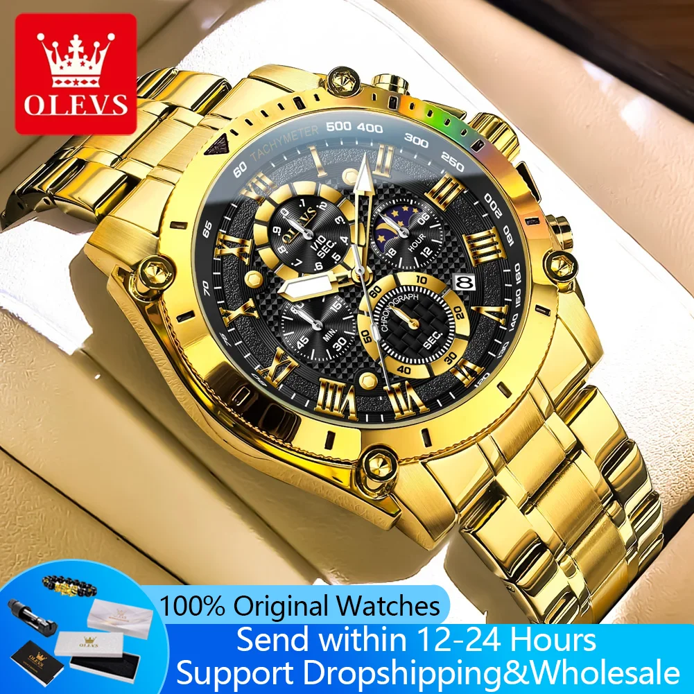 OLEVS 3689 Men's Watch Roman Scale Luxury Quartz Watch For Men Big Dial Moon Phase Date Waterproof Luminous Male Wristwatch