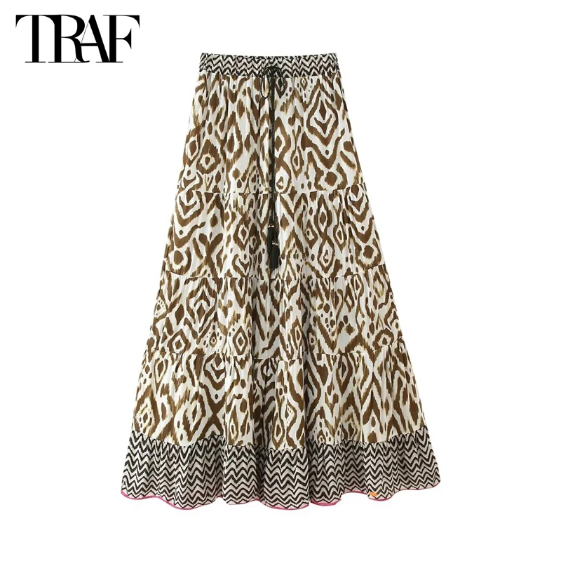 TRAF 2024 Pleated Midi Skirt Women High Waist Long Skirts for Woman Boho Summer Beach Women Skirt Holiday Party Women's Skirts