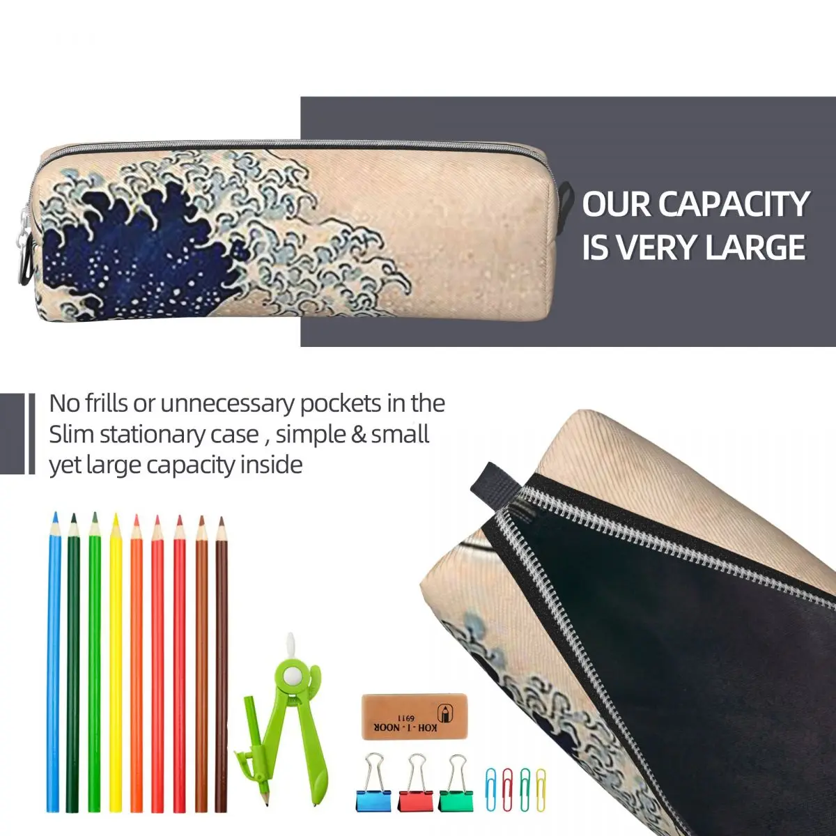 الكلاسيكية اليابانية موجة كبيرة قبالة كاناغاوا بواسطة Hokusai جدار قلم رصاص حالات تخزين كبيرة أكياس القلم صندوق القلم قلم رصاص الحقيبة حقيبة مستحضرات التجميل