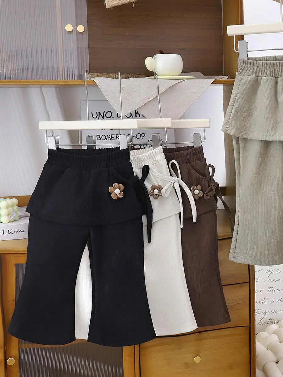 

Удобные облегающие расклешенные брюки для девочек, комплект из двух предметов с иллюзионным дизайном, весенняя новинка, корейские длинные брюки из смесового хлопка