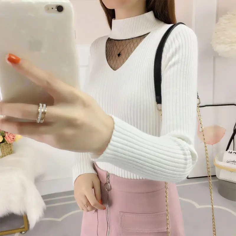 Five Colors Thick Gauze Spliced Knitting Sweaters Korean Half Height Collar Sexy Slim Hollow Out Trend Women\'s Clothing Pretty