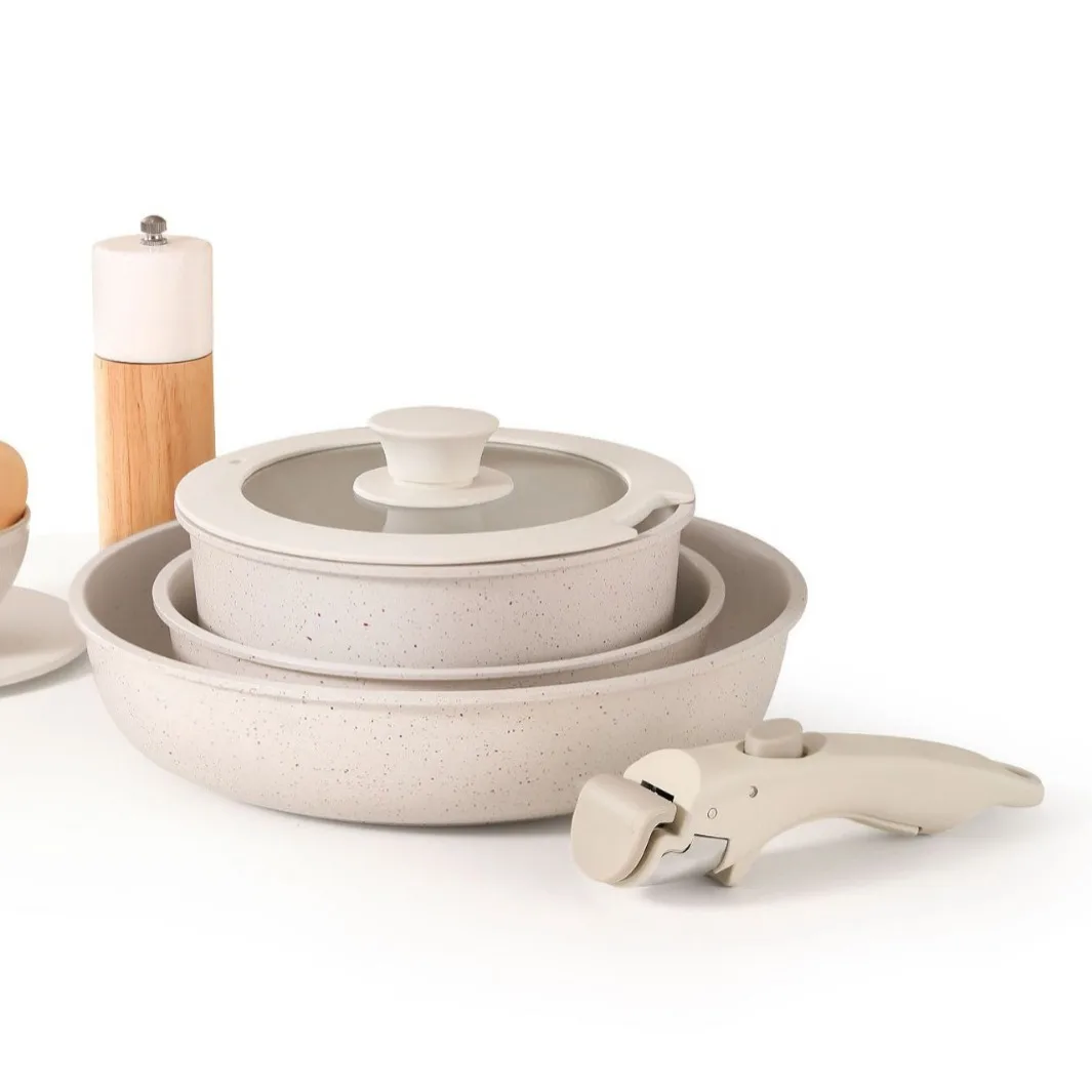 Juego de Utensilios de Cocina Antiadherentes con Mango Desmontable—incluye Sartén y Wok; Apto para Estufas de Gas y Uso Doméstico General.