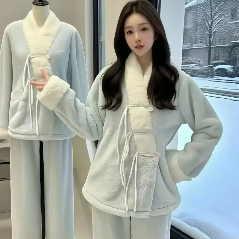 2026 خريف/شتاء جديد بيجامة من الصوف المرجاني للنساء جديد النمط الصيني الصوف وسميكة الدافئة مجموعات الحلو نمط ملابس المنزل #4