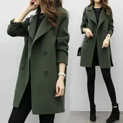 2022 Autumn/winter New Women's Medium-length Woolen Overcoat Loose-fit Slimming Double-row Buttoned Chest Nut Brown