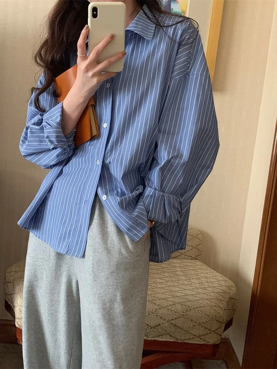 Early Spring Long Sleeve Blue Striped Shirt Jacket Women's American Retro Casual Layered Top Cotton Loose Fit Button up