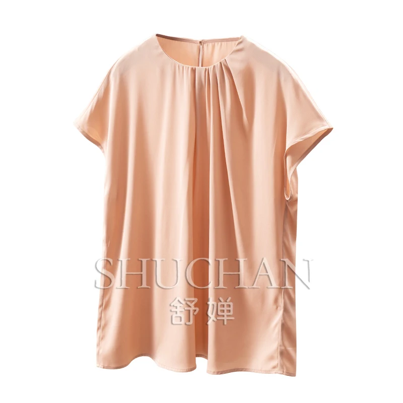 New intellectual elegance, simple high quality silk pleated round neck bag rotator sleeve shirt women 0Y82