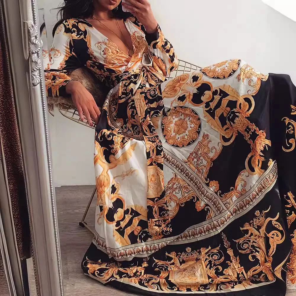 2024 Early Autumn New Sexy V-Neck Women\'s Retro Printed Long Sleeved Evening Dress, European And American Dress