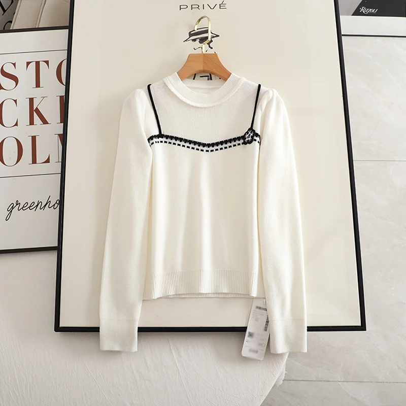 

Women's autumn fake two piece halter embroidery long-sleeved sweater white crew neck simple sweater inside the top