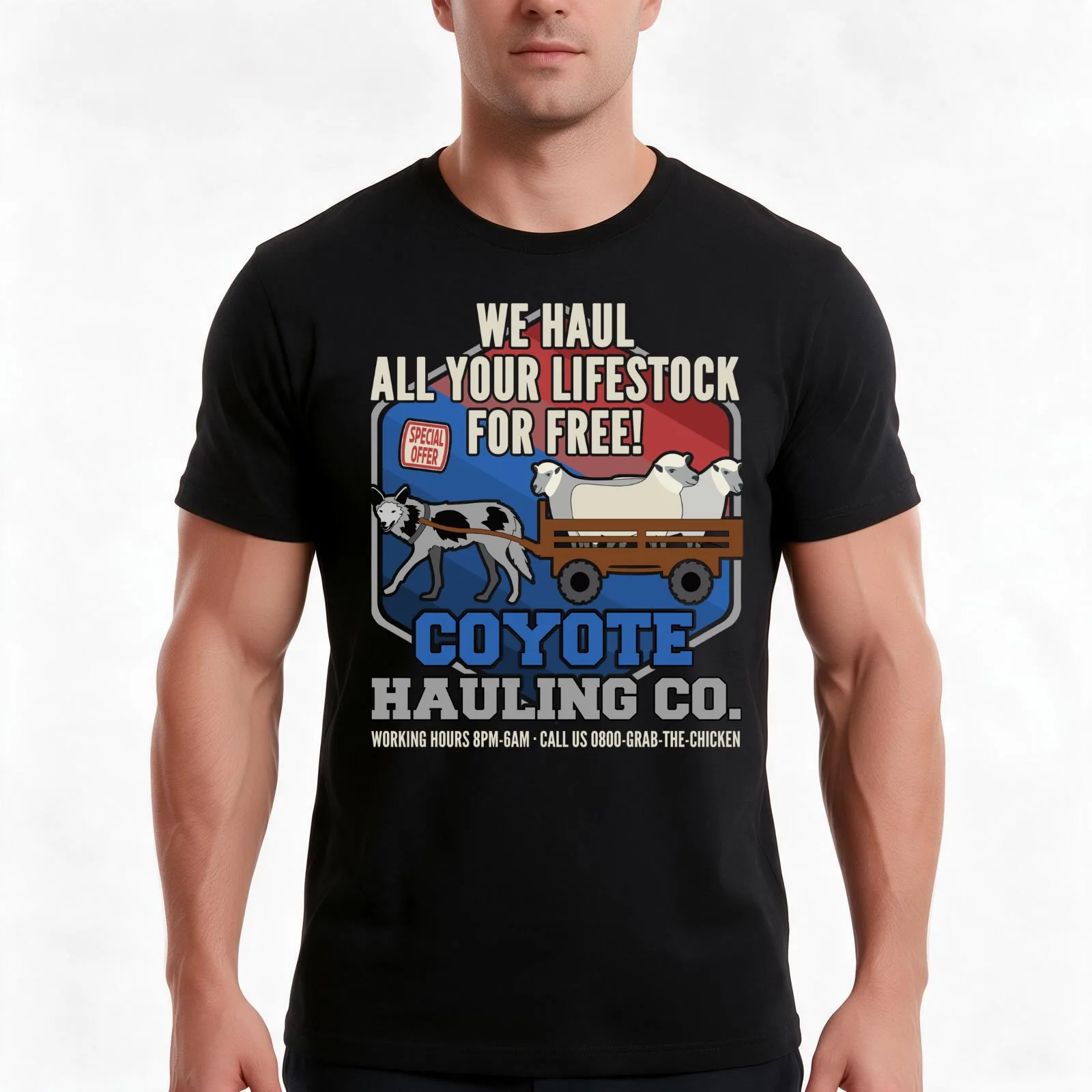 Coyote Hauling Lifestock Sheep Farmer #1472 T-Shirt, Summer Casual Cotton Tee, Oversized Streetwear Tops, Vintage Graphic Print
