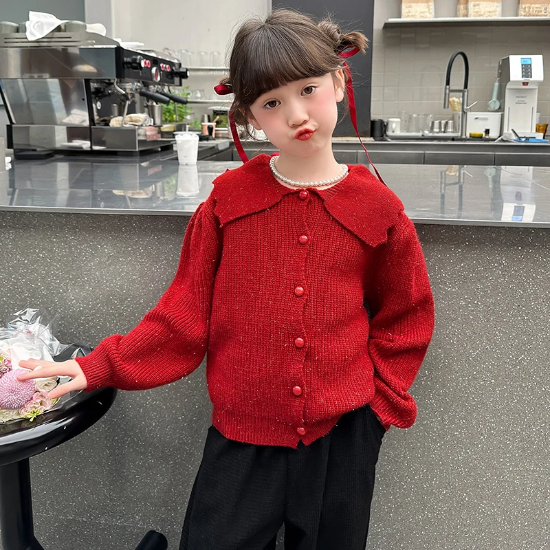 Spring Fall Children Peter Pan Collar Red Sweater for Tweens Girl Brief Style Knitted Cardigan Kids Casual Button Knitwear 4-14Y