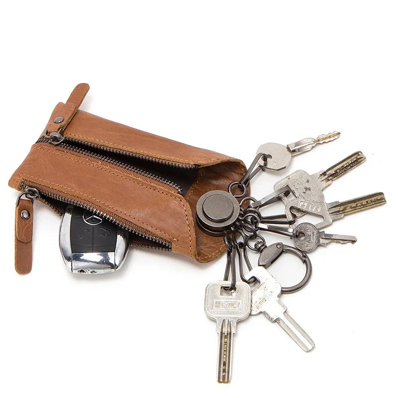 Men's Car Key Pouch Casual Soft Genuine Cow Leather Waist Hanging Zipper Lock Key Holder Bag