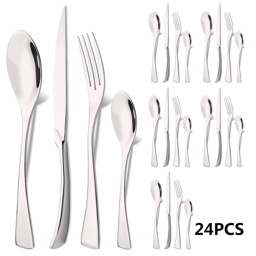 

24Pcs Silver Dinnerware Set 18/10 Stainless Steel Mirror Silverware Cutlery Steak Knife Fork Teaspoon Tableware Dishwasher Safe