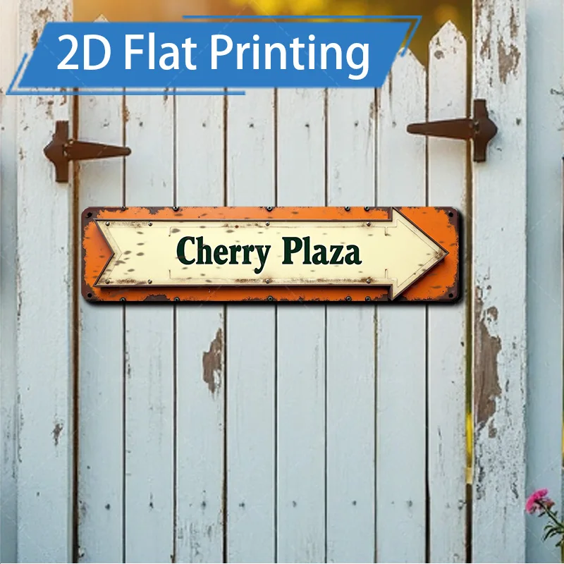 [2D FLAT] علامة معدنية قطعة واحدة، علامة سهم ريفية مقاس 4 × 16 بوصة "Cherry Plaza" فن معدني بطباعة مسطحة ثنائية الأبعاد