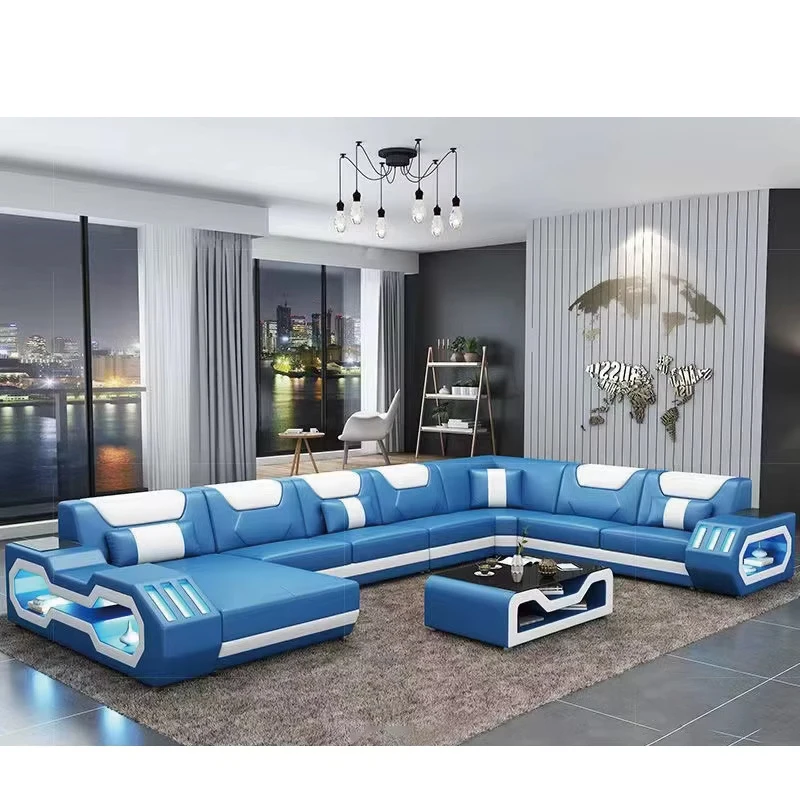 uj-Modern Design Leather L Shape Sofa Set Living Room Home Furniture  Leather Sofa Set Usb Charge Sofa With Music Play*