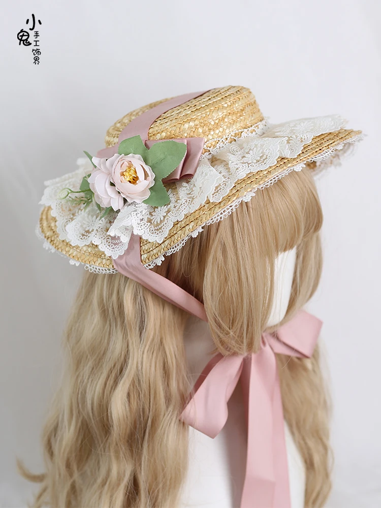 Original lolita Straw Hat flower Elegant Top hat Flower wedding tea party gorgeous hat eclectic reminisce hat