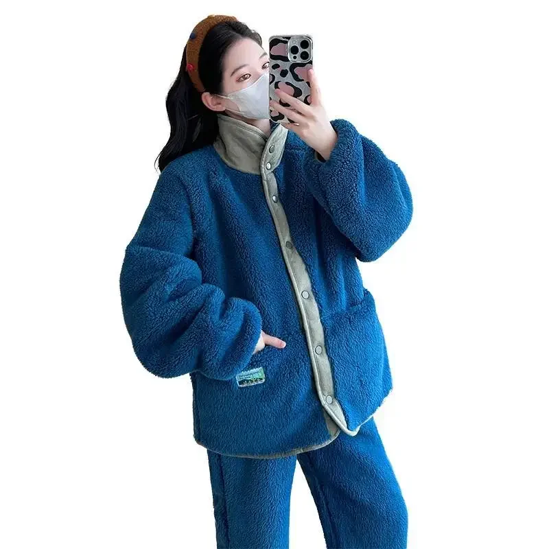 Pregnant Women's Winter Suit New Cashmere and Thick Pajamas Coat Loose To Wear Winter Warm Home Clothing Two-piece Set Sleepwear