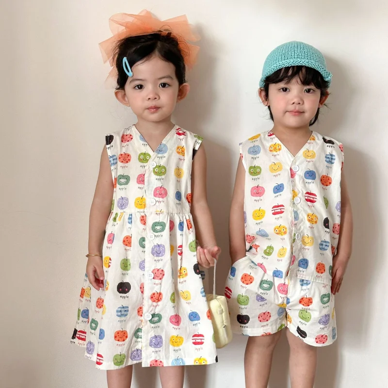 

Children's Summer Vest Set for Boys in Resort Style2026New stylish baby girl dress, brother and sister summer outfit