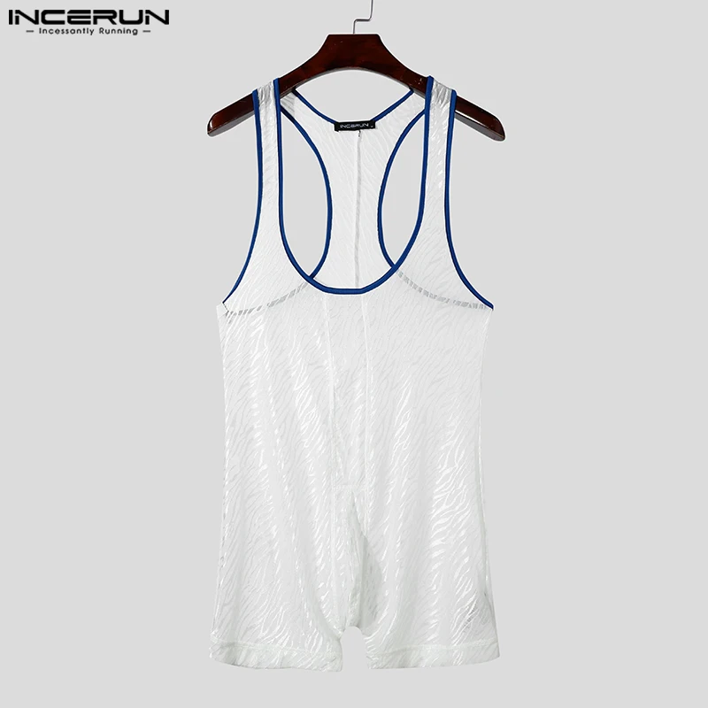 INCERUN 2024 Sexy Style Men Jumpsuits Fashion Line Print Shorts Rompers Casual Sleepwear Flat Cornered Sleeveless Male Bodysuits