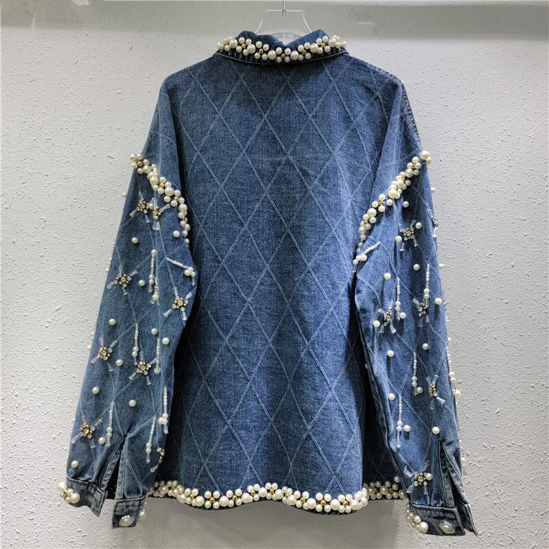 WTHT Trendy frauen Diamanten Perle Design Lose Denim Jacke 2025, Frühling Mode Neue Revers Langen Ärmeln Mantel Weibliche 1LS767