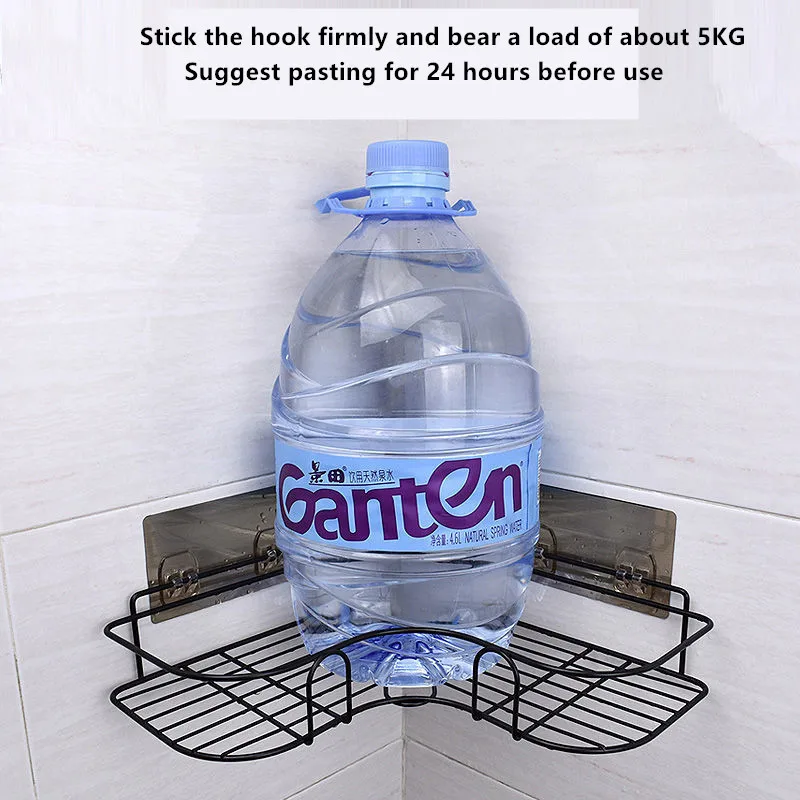 Wrought-Iron Bathroom Shelf Corner Non-Perforated Storage Rack Toilet Wash Rack Kitchen Self-Adhesive Tripod With 2 Hooks