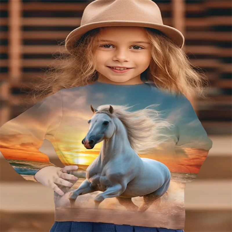 Children's Clothing Girl T-Shirt Long Sleeve 3D Horse Print Kids Spring Fall Clothes Casual Stylish Round Neck Girl Clothes Tops