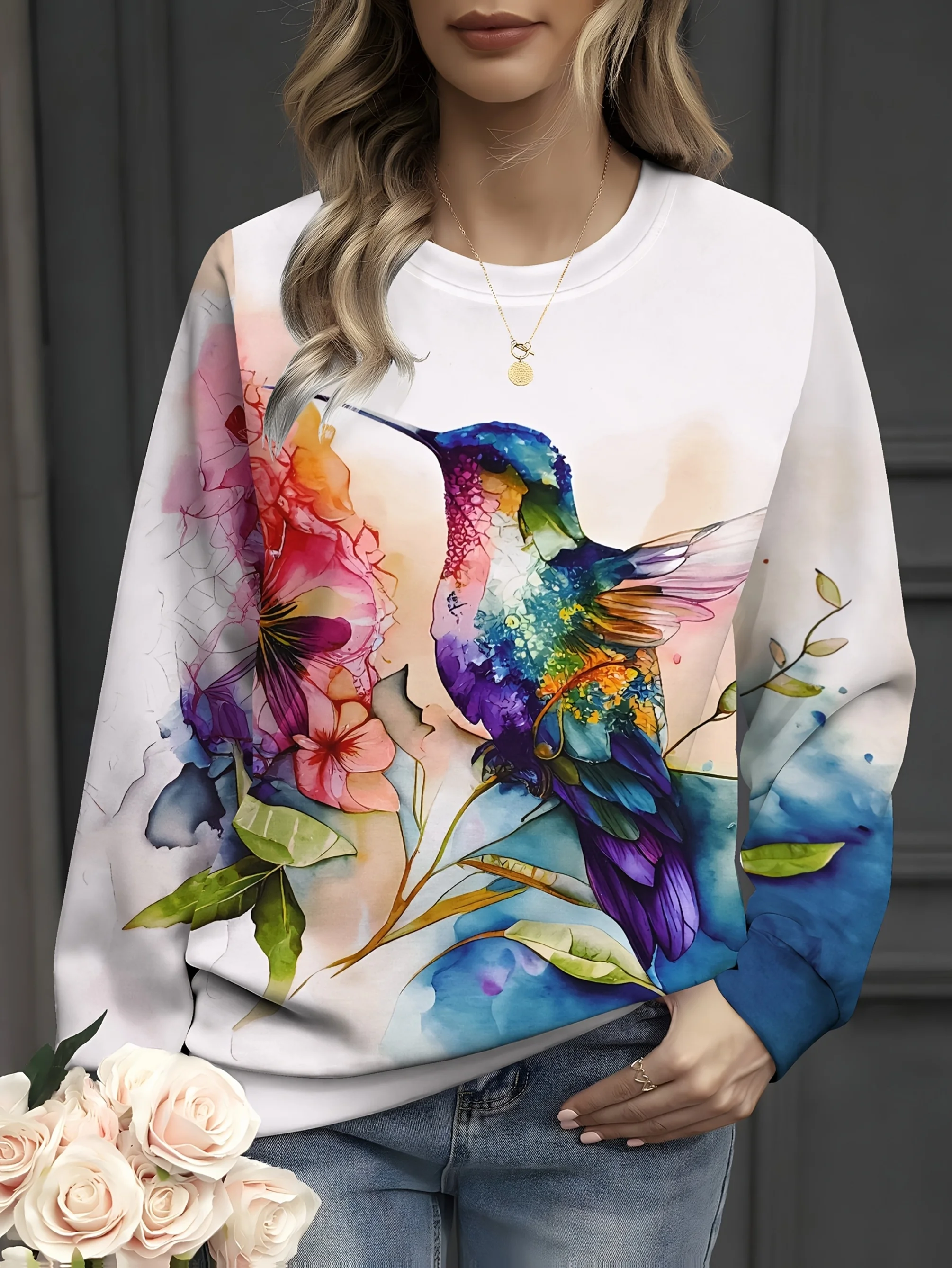 Women's Long Sleeve T-Shirt, Colorful Watercolor Hummingbird And Floral Print Pullover, All-Winter Holiday Style Top Suitable For Leisure And Sports Scenarios