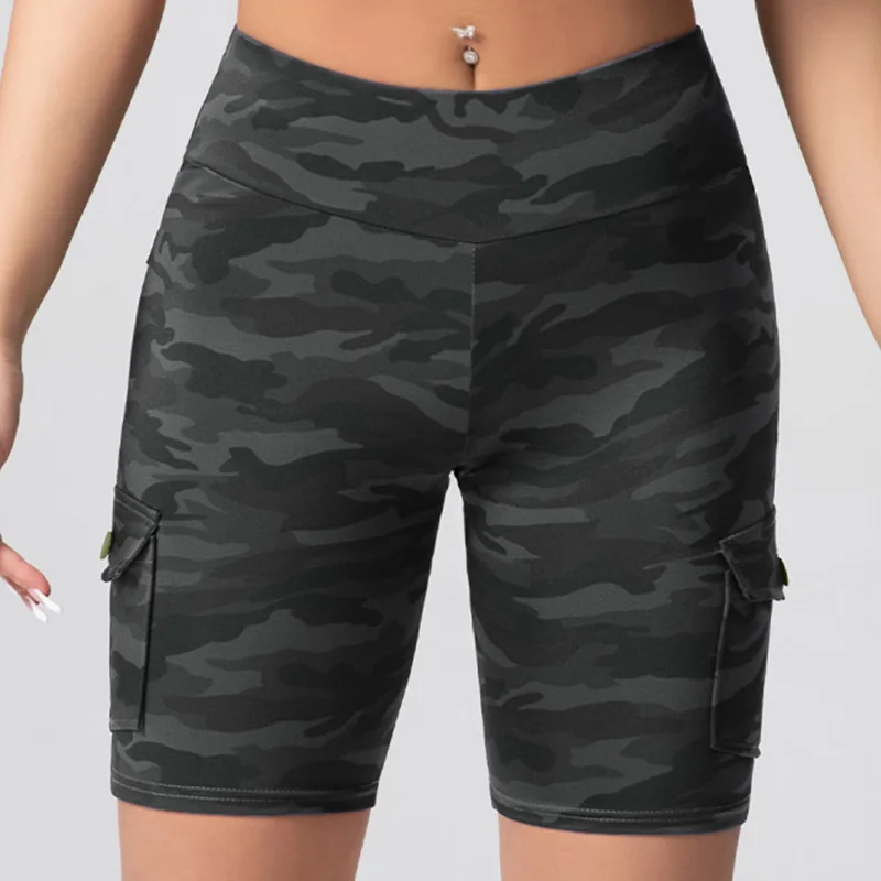 Camouflage Printed Women Shorts with Pockets Butt Lifting Tummy Tight Elastic Slim Outdoor Running Workout Shorts Streetwear