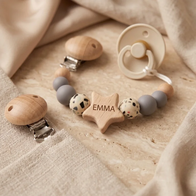 2026 Custom Engraved Name Baby Pacifier Clip Personalized Font Wood Silicone Bead Dummy Chain Teether Pendant Newborn Gift image 5