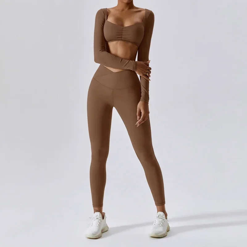Женский спортивный костюм для тренировок, комплект для йоги, спортивная одежда, спортивная одежда для фитнеса, укороченный топ с длинными рукавами, бюстгальтер, леггинсы с высокой талией, спортивный костюм MN3