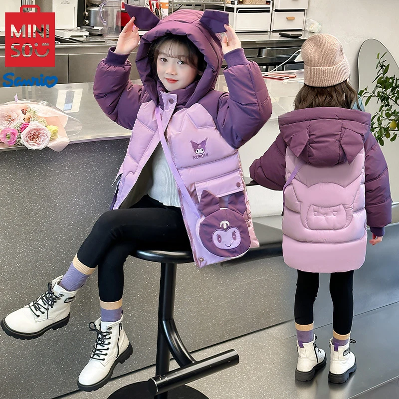 MINISO Kuromi Children Coats Kawaii Girls Winter Clothing Cartoon Keep Warm Kids Padded Jackets Cute Windproof Children Hoodie