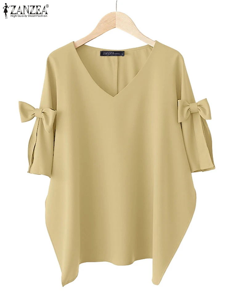 ZANZEA-Tops elegantes para mujer, blusa con lazo, informal, holgado, con cuello en V, Túnica de trabajo OL, moda 2021, Blusas de media manga de Color sólido para verano