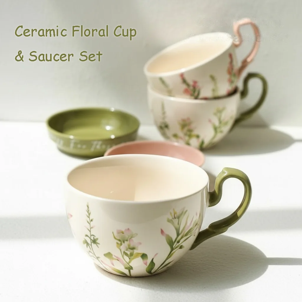 460ml Ceramic Floral Coffee Mug & Tea Cup Set with Heart Handle & Lid/Saucer | Hand Painted Flower Decal Home Breakfast Bowl