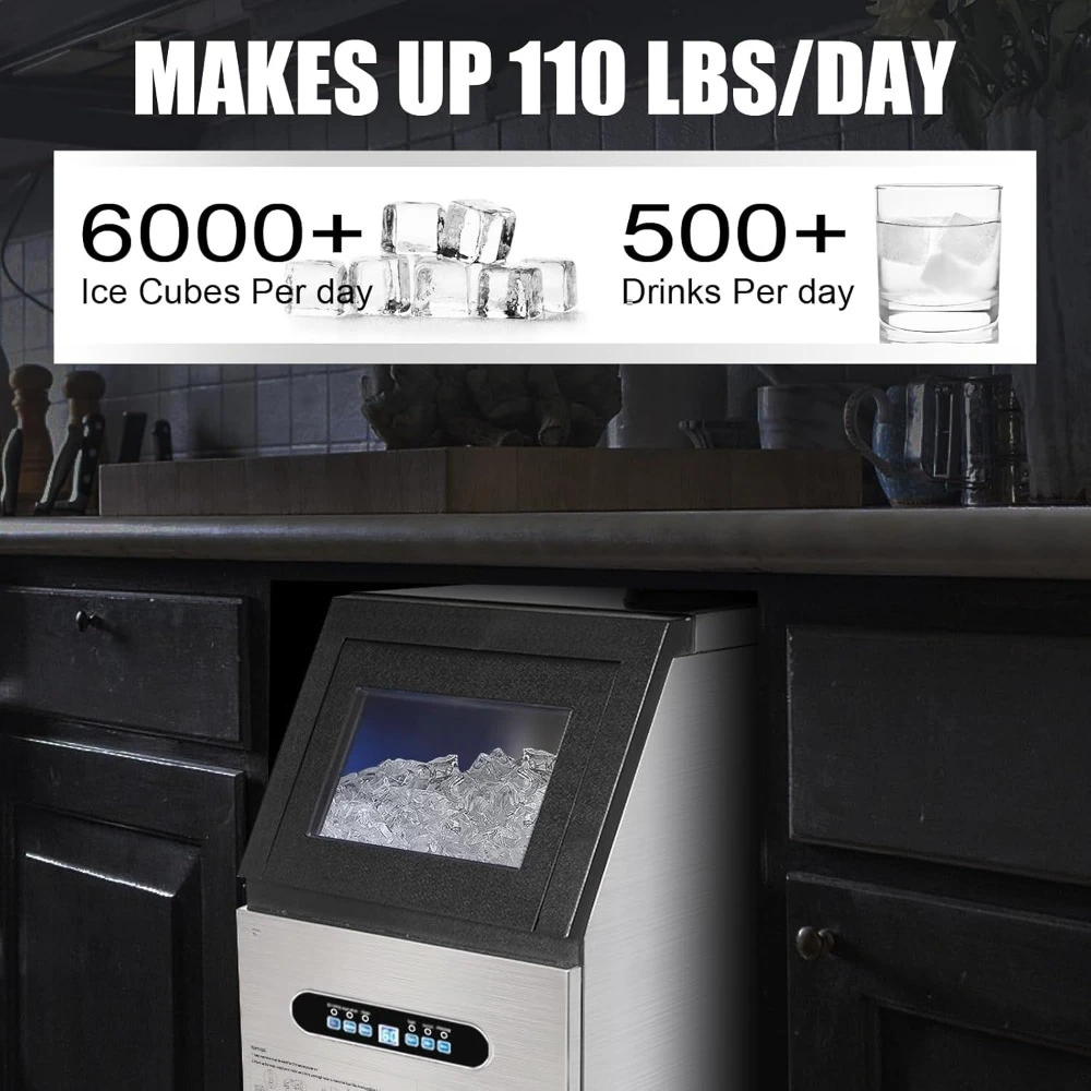 เครื่องทําน้ําแข็งเชิงพาณิชย์ 110LBS/24H, เครื่องทําน้ําแข็งอิสระสแตนเลสพร้อมถังเก็บ 24LBS, ทําความสะอาดอัตโนมัติภายใต้