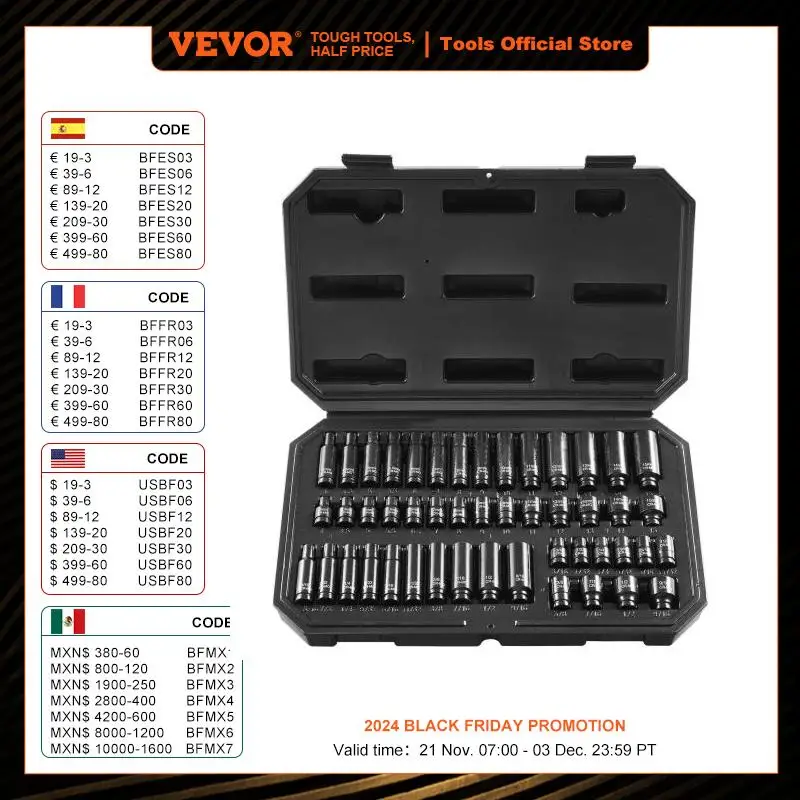 VEVOR Drive Impact Socket Set Deep & Shallow Socket Set Cr-Mo Alloy Steel for Auto Repair EasytoRead Size Markings Storage Case