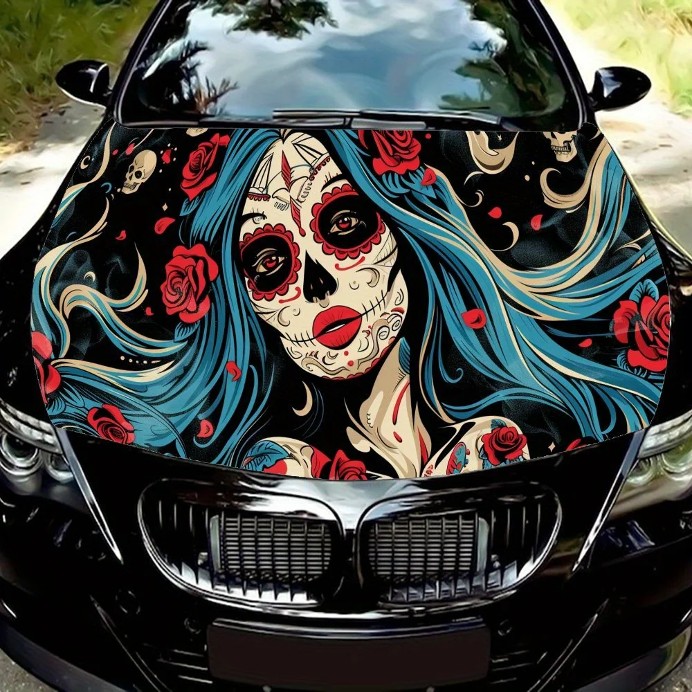 

Blue - Haired Floral Skull Pattern car hood stickers, waterproof self-adhesive, scratch resistant, easy to stick, durable car PV