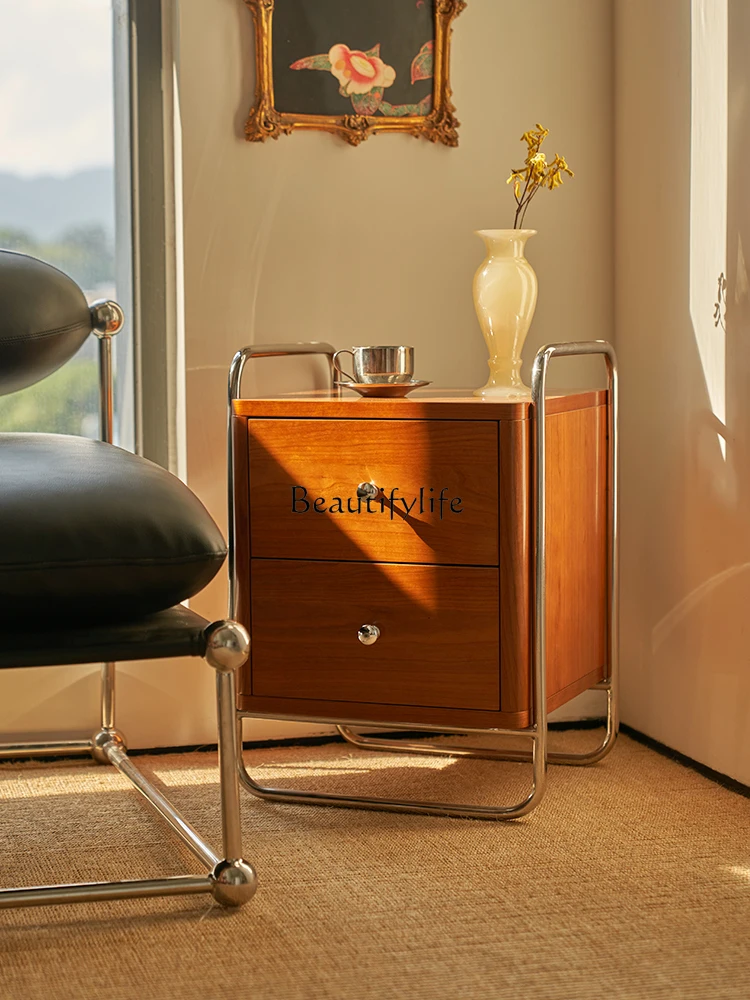 

Cherrywood Mid-Ancient Small Bedside Side Cabinet Locker Stainless Steel Side Table Modern