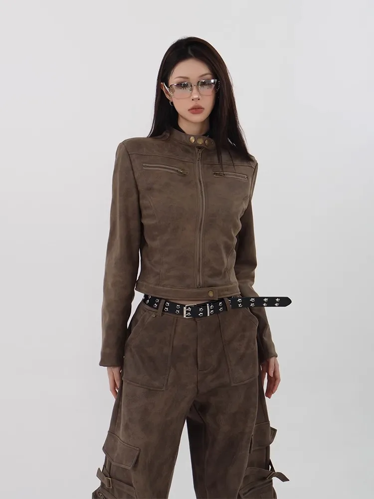 Americano retrò marrone pelle PU Jaet donna ort moto Sle Top Coat pendolarismo vestibilità ampia design lungo con cerniera Sve