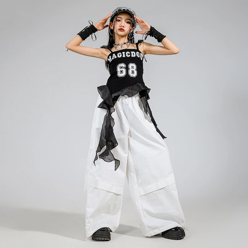 Vêtements de danse Jazz Hip Hop pour filles, Costume Kpop, hauts noirs, pantalons blancs d'été, tenues de pratique amples, Streetwear L16356